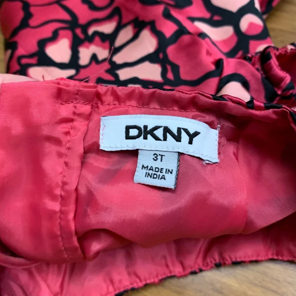 DKNY Girls Pink Floral Print Short Sleeve‎ Dress Size 3T Satin Summer Bright